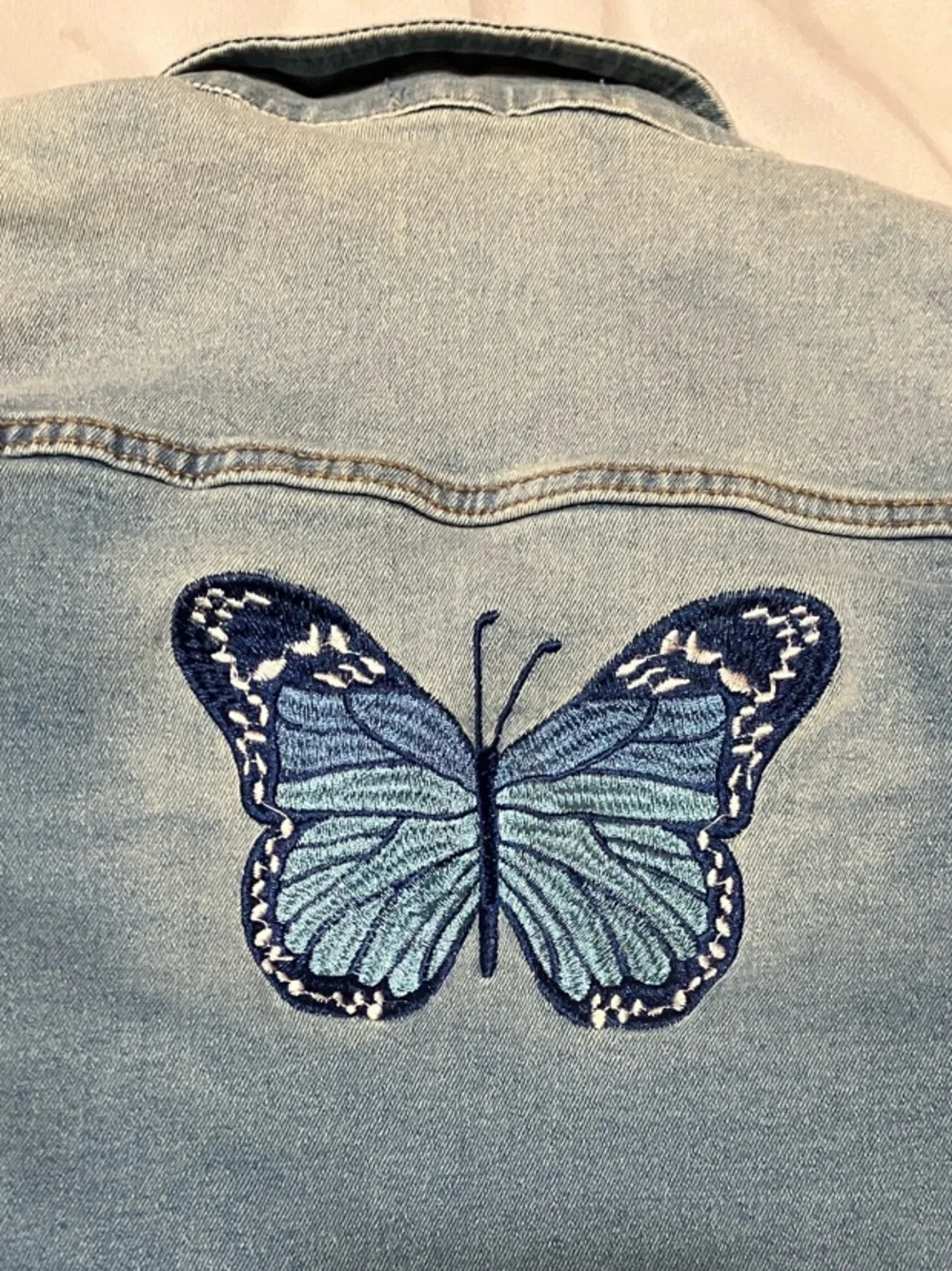 Girls Light Blue Denim Jean Jacket - Embroidered Blue Butterfly